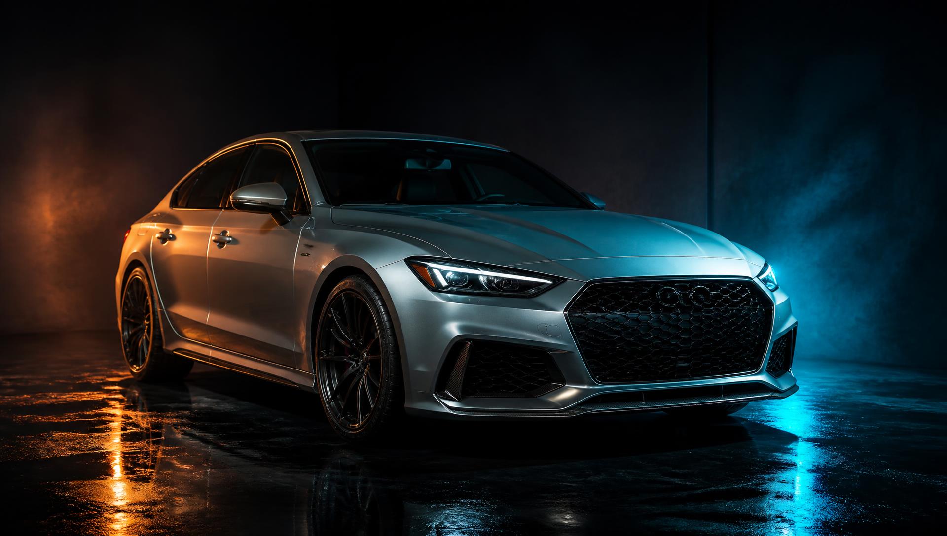 Silver sports sedan lit by cyan and amber studio lighting